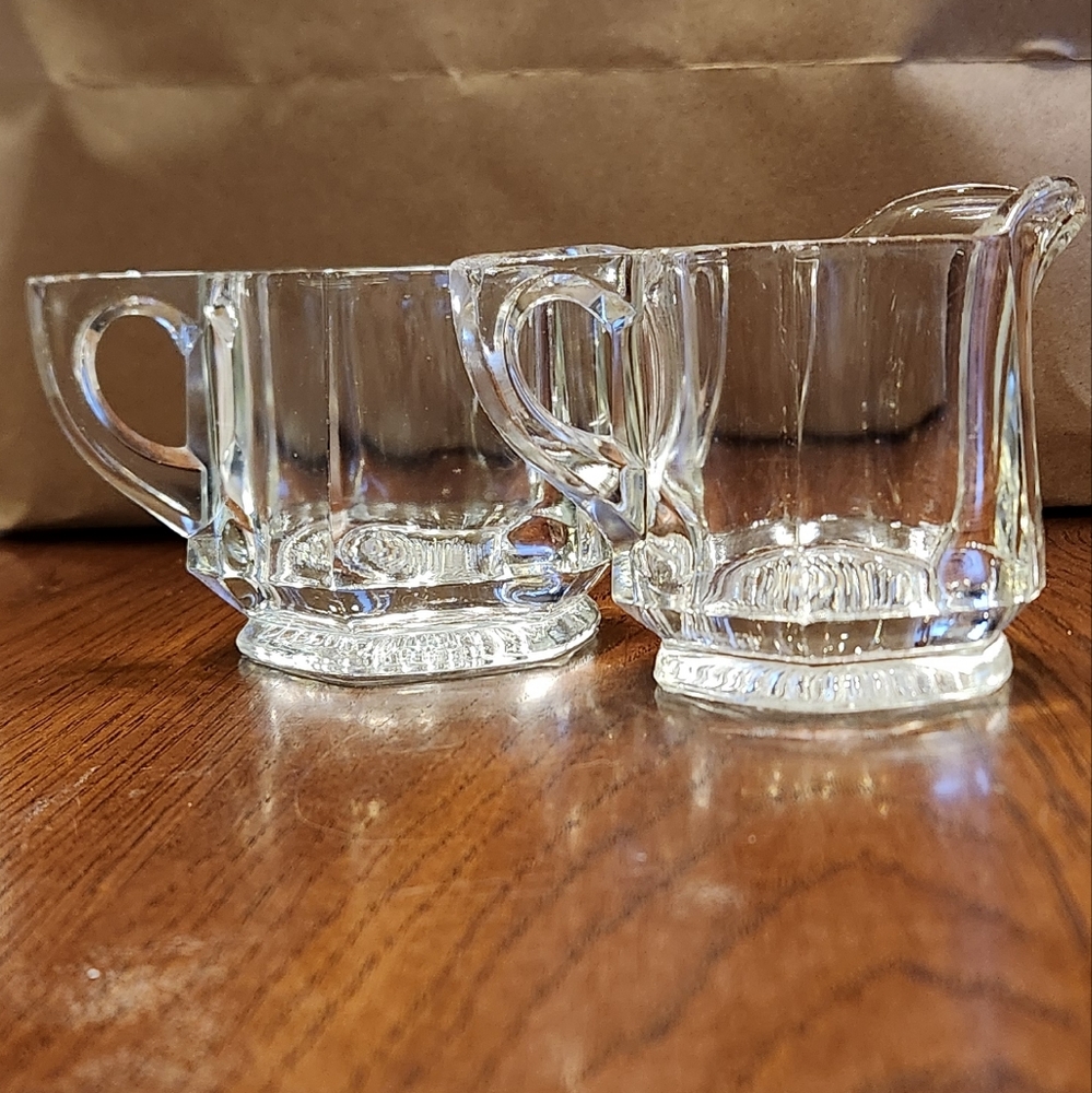 Vintage Glass Creamer and Sugar Bowl with Starburst Design on Bottom